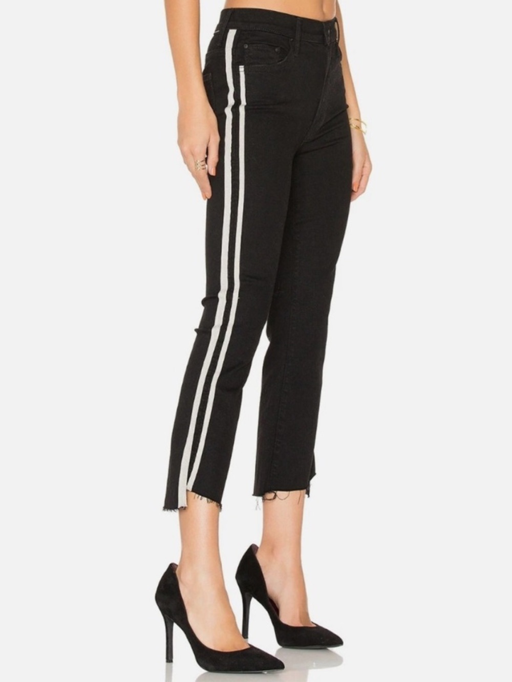 MOTHER insider crop step fray guilty racer trackpant jeans black white size 28